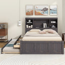 Full Size Platform Bed with Storage Headboard, Charging Station, Twin Size Trundle and 3 Drawers, Antique Brown