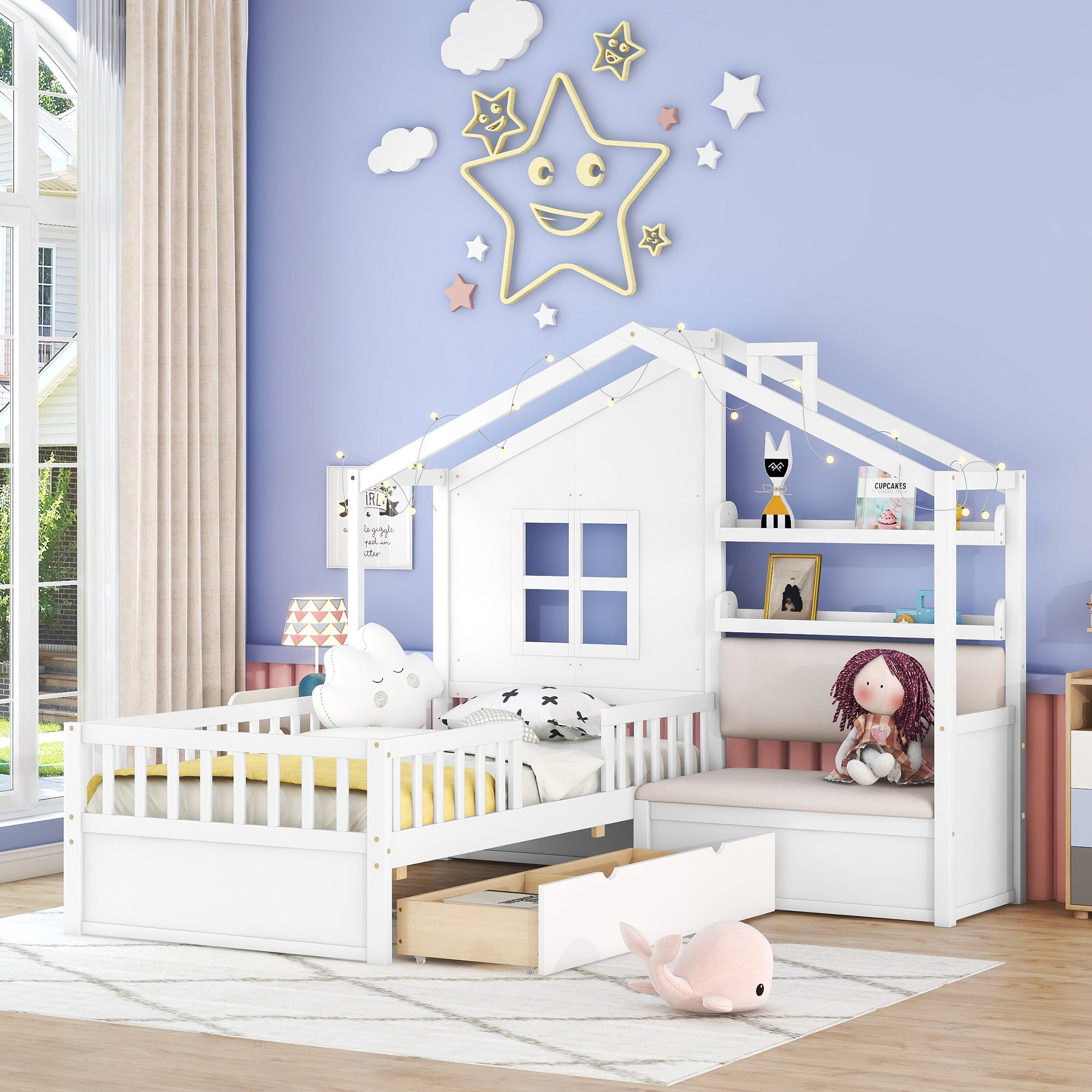 Twin Size House Bed with Sofa, Kids Platform Bed with Two Drawers and Storage Shelf, White - Atlantic Fine Furniture Melbourne FL