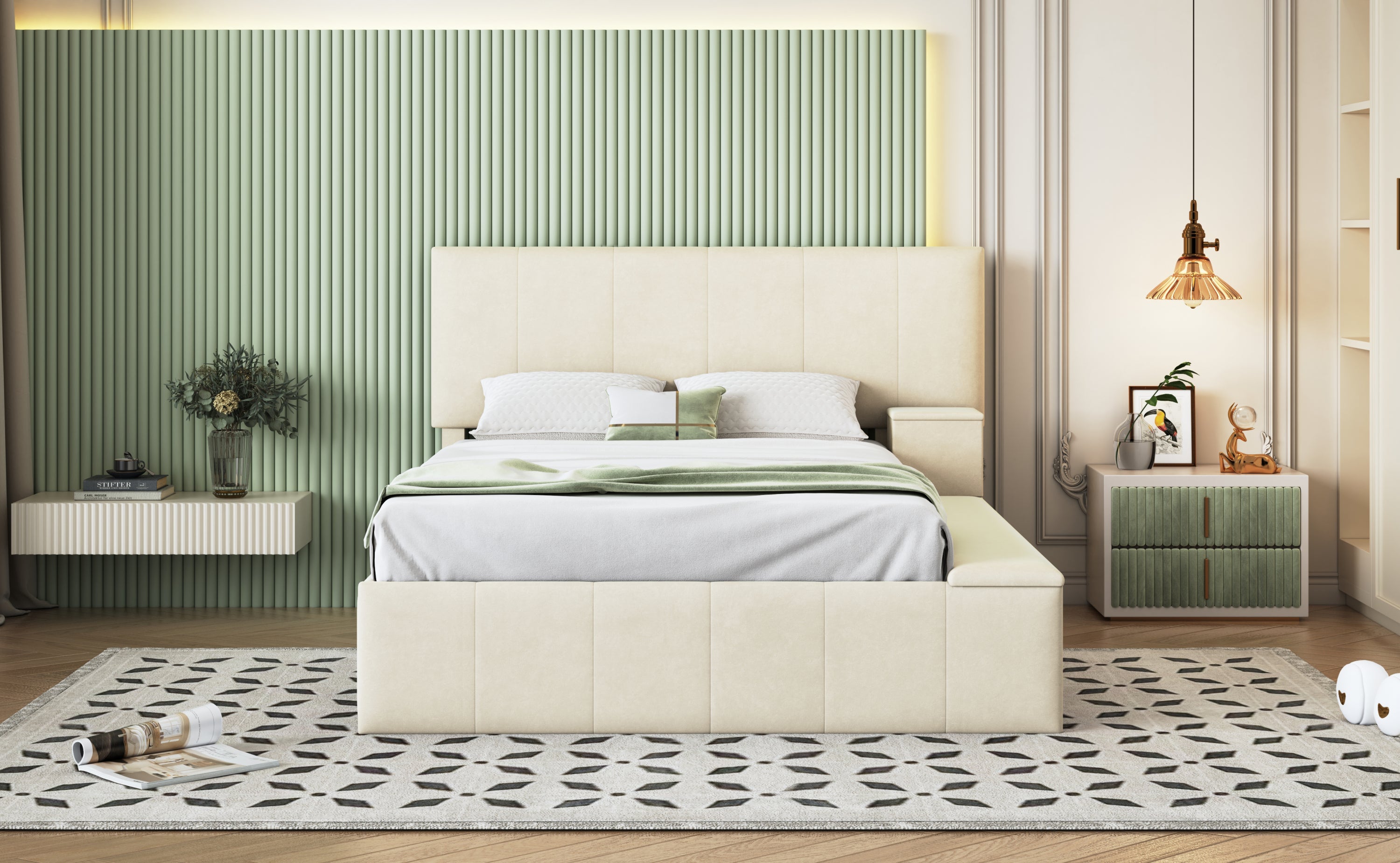 Full Size Upholstered Platform Bed with Lateral Storage Compartments and Thick Fabric, Velvet, Beige - Atlantic Fine Furniture Melbourne FL