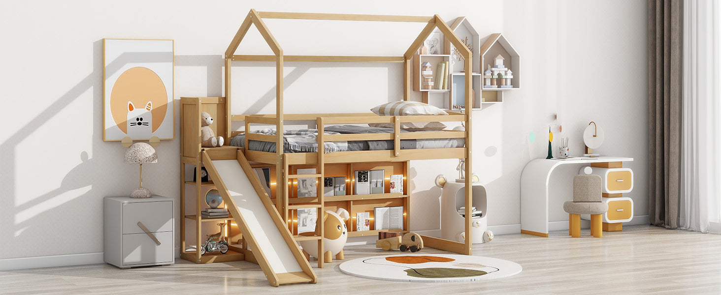 Twin Size Wood House Loft bed with Slide, Storage shelves and Light, Climbing Ramp, Wood Color - Atlantic Fine Furniture Melbourne FL