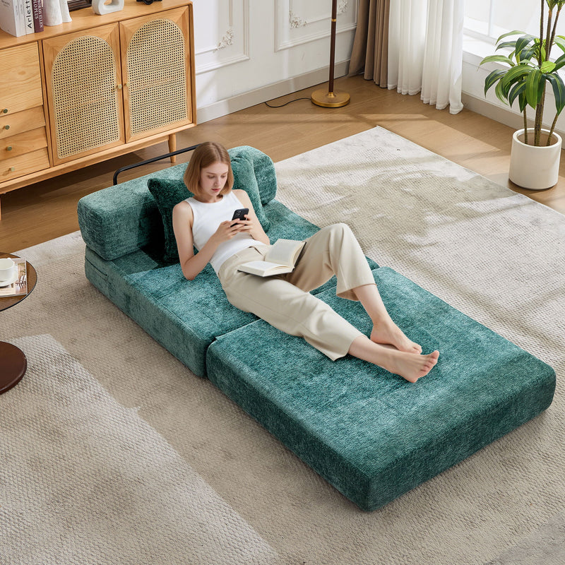 Convertible Floor Sofa Bed With Fixed Shape Frame For Living Room - Dark Green