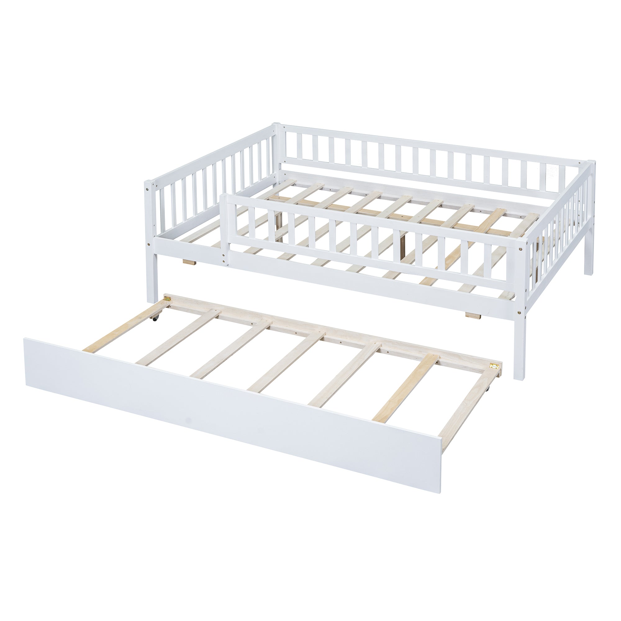 Full Size Wood Daybed with Trundle and Fence Guardrails, White - Atlantic Fine Furniture Melbourne FL