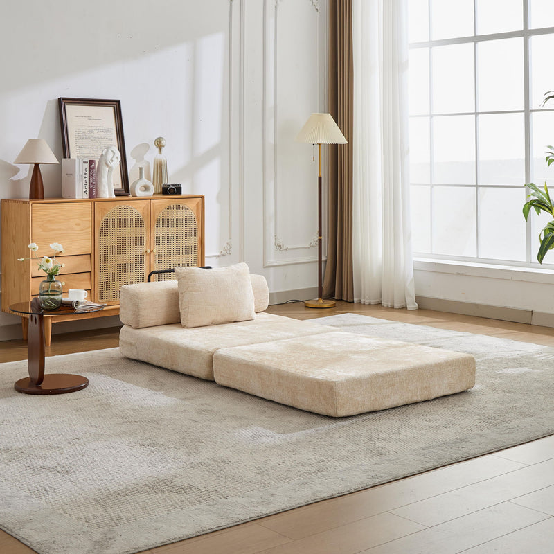 Convertible Floor Sofa Bed With Fixed Shape Frame For Living Room - Beige