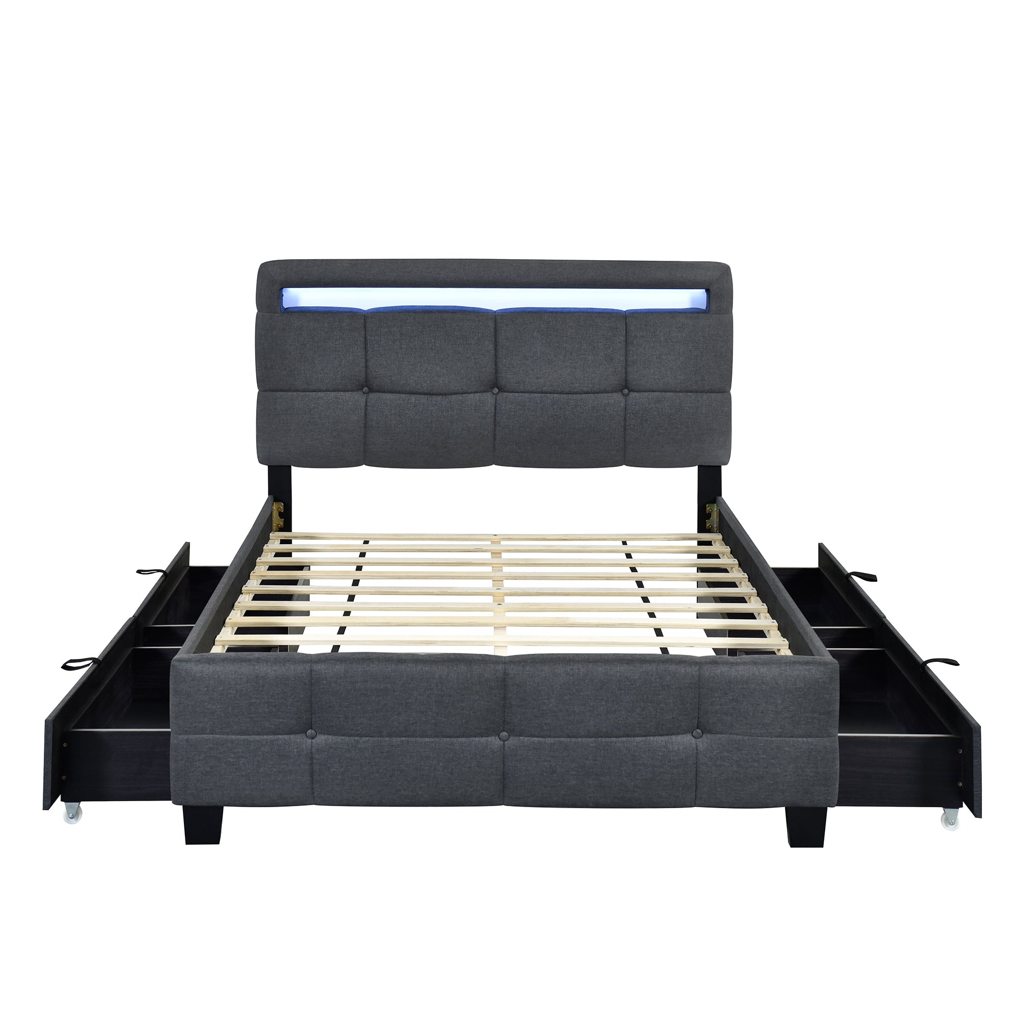 Full Size Upholstered Platform Bed with LED Frame and 4 Drawers, Linen Fabric, Gray - Atlantic Fine Furniture Melbourne FL