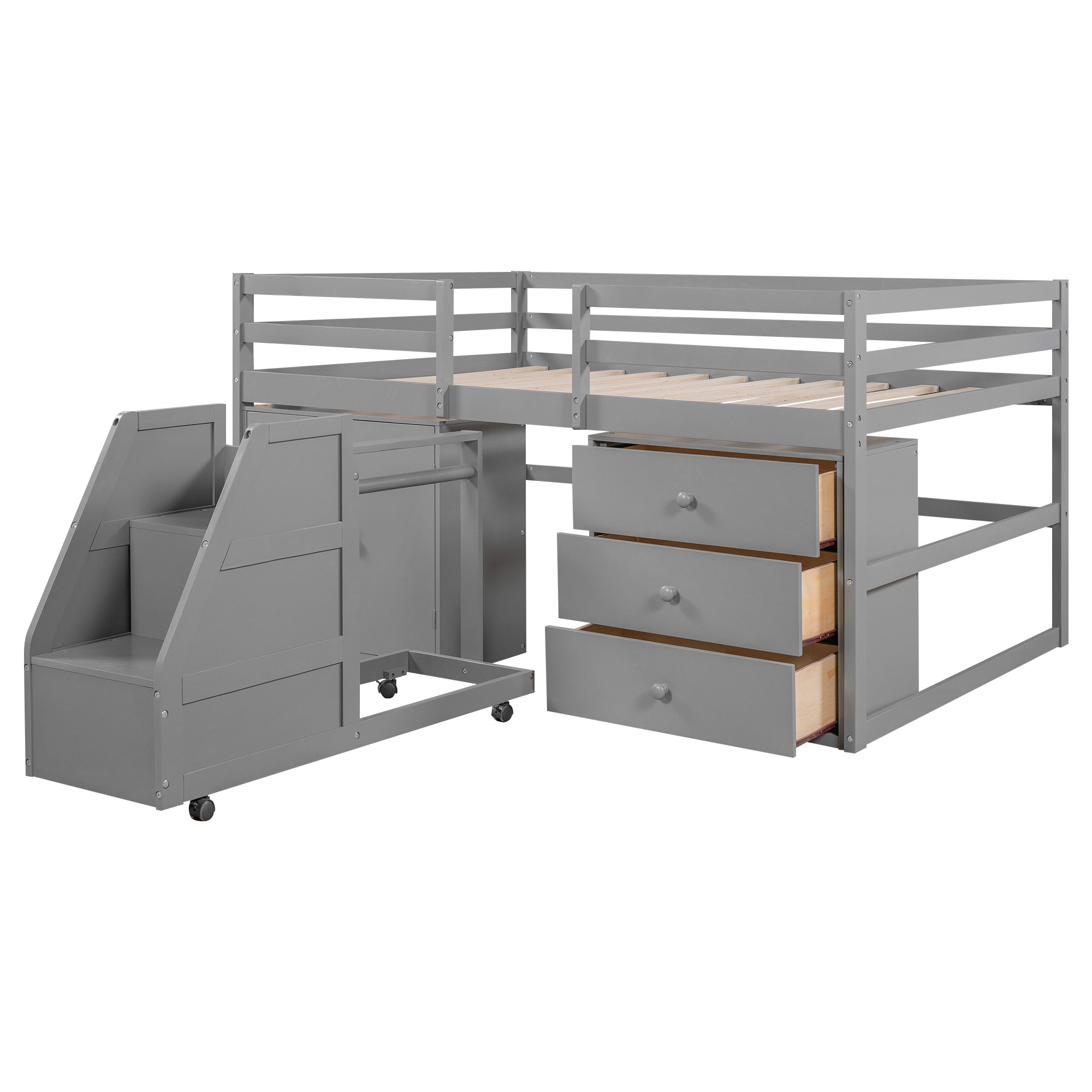 Full Size Functional Loft Bed with Cabinets and Drawers, Hanging Clothes at the back of the Staircase, Gray - Atlantic Fine Furniture Melbourne FL