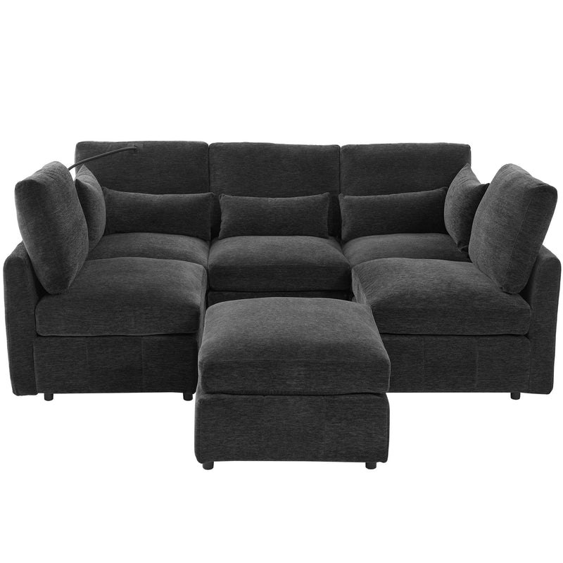 Modern Modular U-Shaped Sofa Bed With Movable Ottoman, USB Ports, Phone Holder