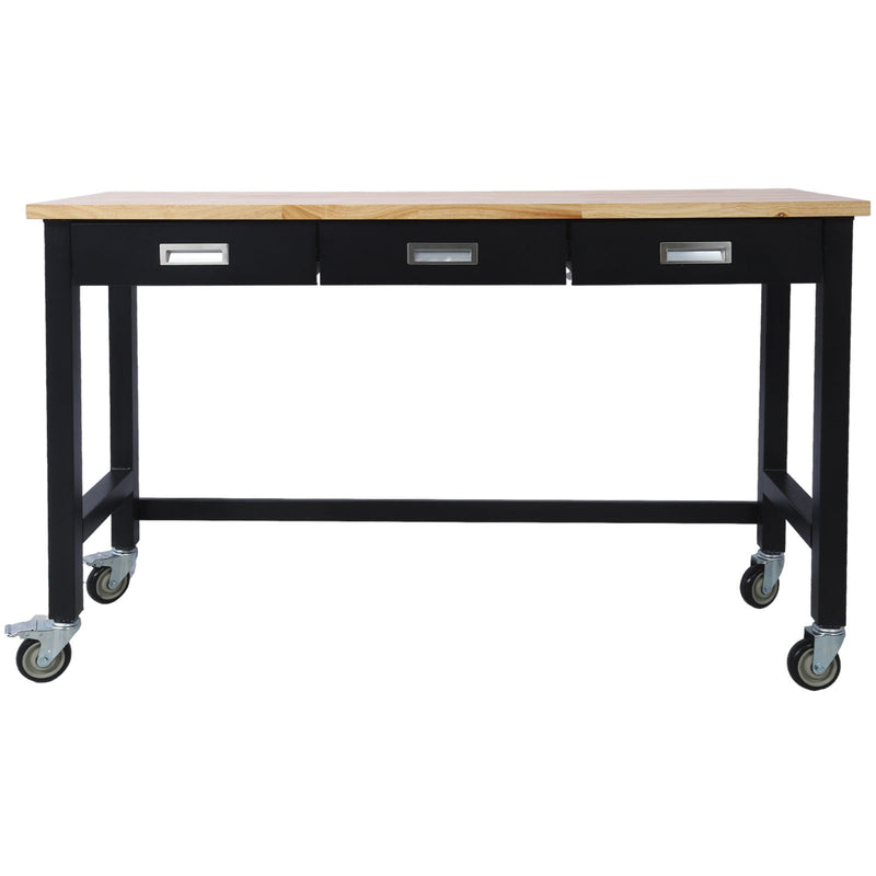 Work Bench, Workbench With Drawer Storage, Heavy Duty Bamboo Wood Work Table With Wheels For Garage Home Office