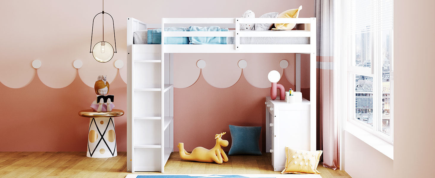 Full Size Loft Bed with Ladder, Shelves, and Desk, White - Atlantic Fine Furniture Melbourne FL