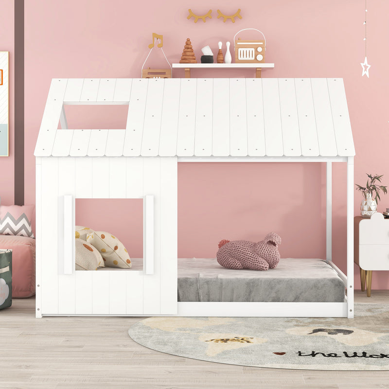 Full Size House Bed with Roof and Window - White