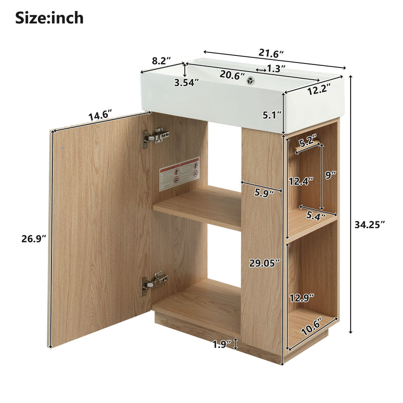 21.6" Bathroom Vanity With Sink And Freestanding Wood Grain Cabinet Featuring Left Door - Wood