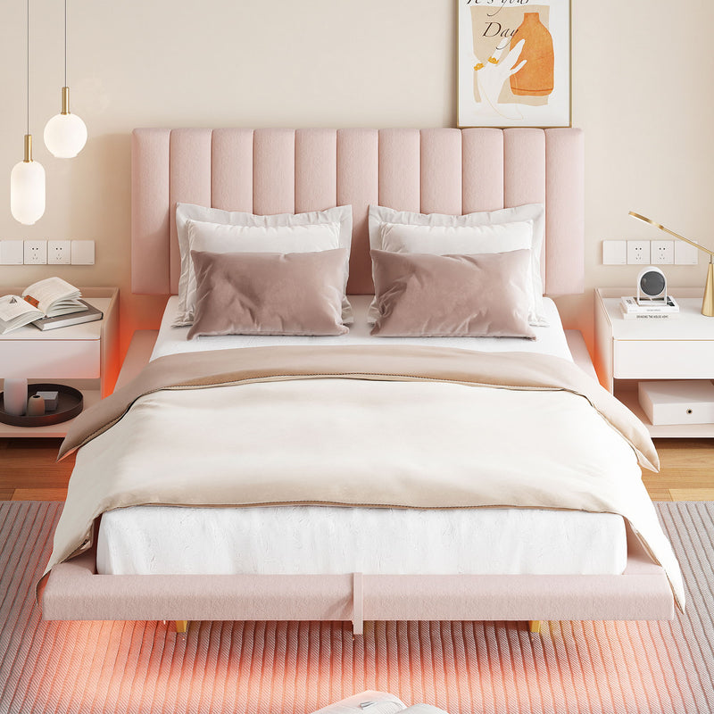 Upholstered Floating Hydrualic Platform Bed With LED Light And USB Port