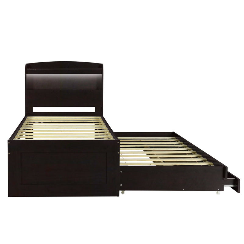 Twin XL Size Platform Bed with Storage LED Headboard, Charging Station, Twin Size Trundle and 2 Drawers, Dark Brown