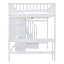 Full size Loft Bed with Bookshelf,Drawers,Desk,and Wardrobe-White