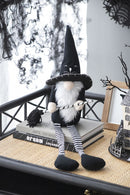 Sitting Gnome With Broomstick & Long Legs, For Halloween Decor - Black White