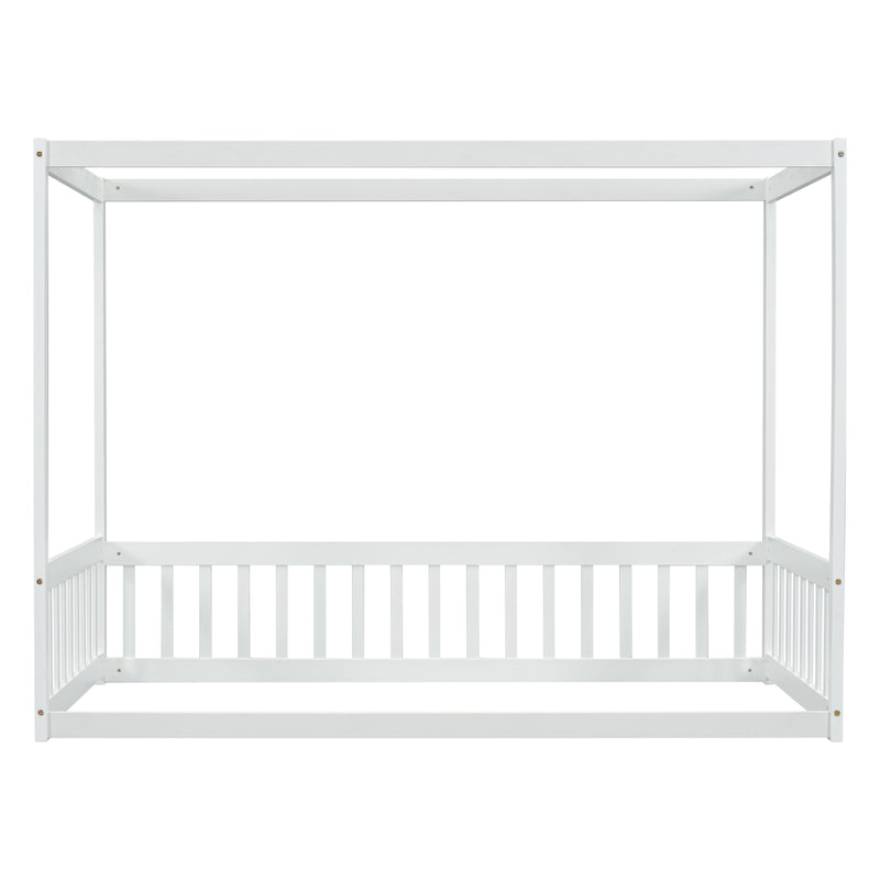 Twin Size Canopy Frame Floor Bed with Fence, Guardrails,White