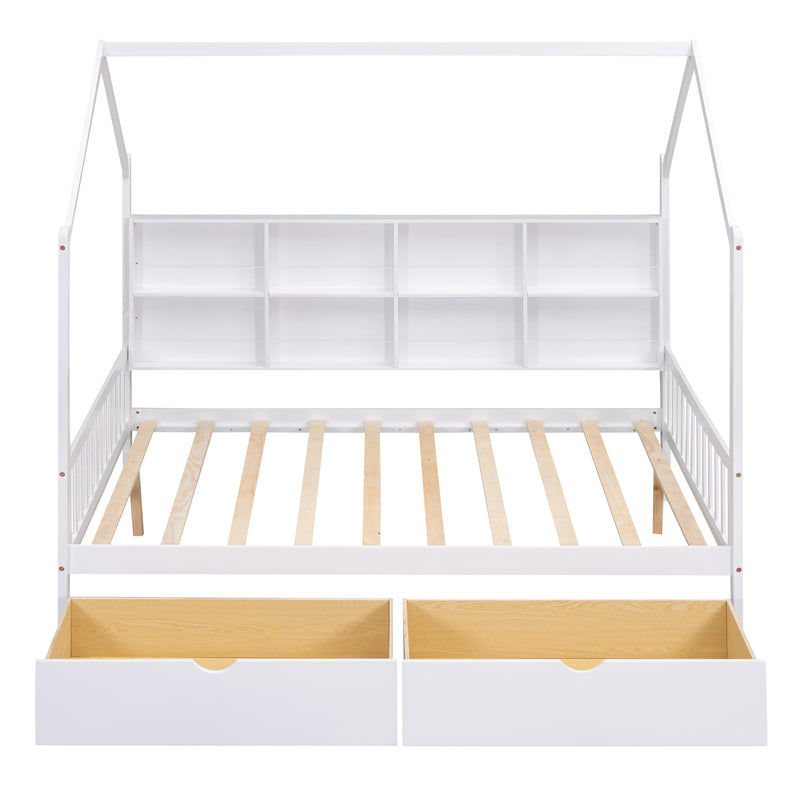 Wooden Full Size House Bed with 2 Drawers,Kids Bed with Storage Shelf, White(Expected Arrival Time: 5.15)