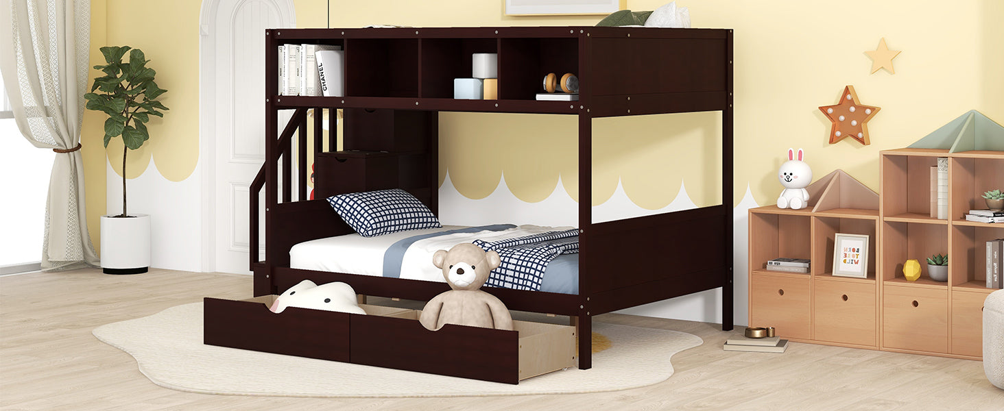 Twin over Full Bunk Bed with Shelfs, Storage Staircase and 2 Drawers, Espresso - Atlantic Fine Furniture Melbourne FL