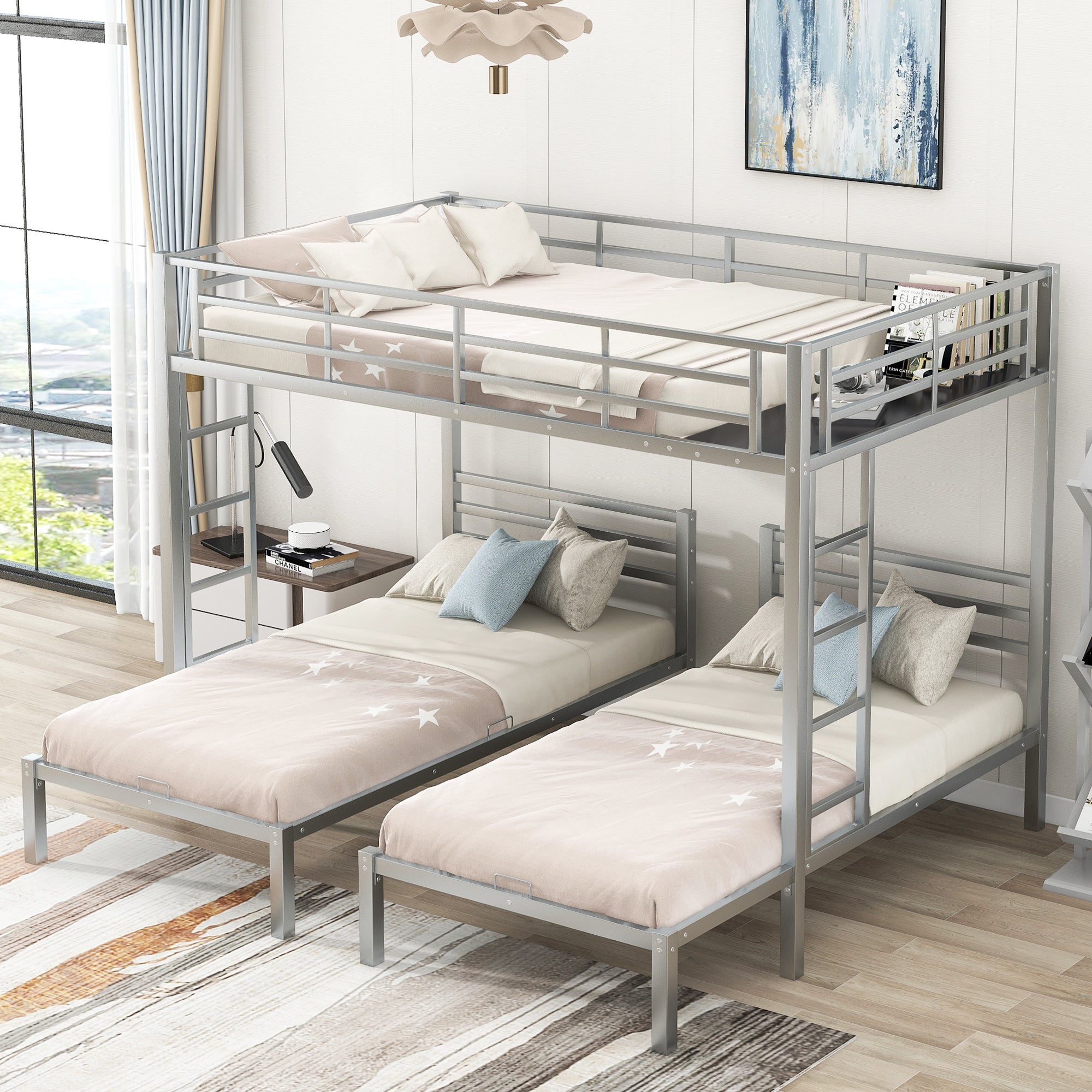 Full over Twin&Twin Size Bunk Bed with Built-in Shelf, Silver - Atlantic Fine Furniture Melbourne FL