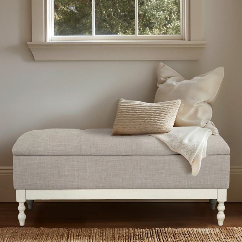 Tufted Storage Bench With Soft Close Lid - Light Gray / Cream