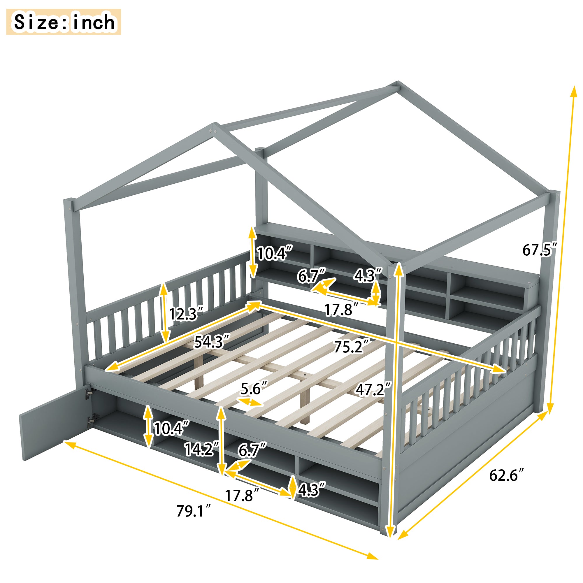 Full Size Wooden House Bed with Shelves and a Mini-cabinet, Gray - Atlantic Fine Furniture Melbourne FL