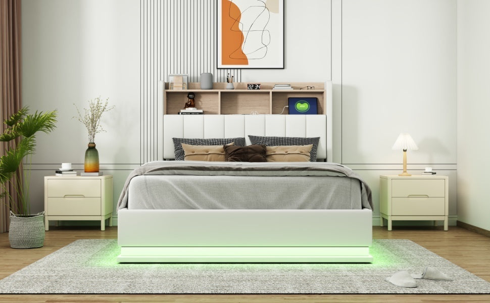 Full Size  Upholstered Platform Bed with Storage Headboard and Hydraulic Storage System, PU Storage Bed with LED Lights and USB charger, White - Atlantic Fine Furniture Melbourne FL