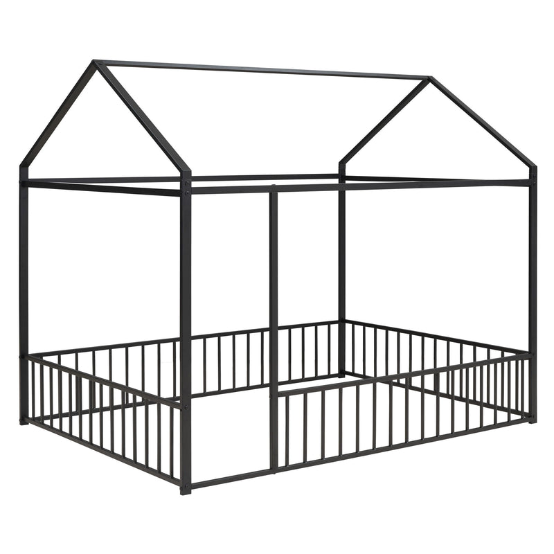 Metal Bed House Bed Frame With Fence, For Kids, Teens, Girls, Boys