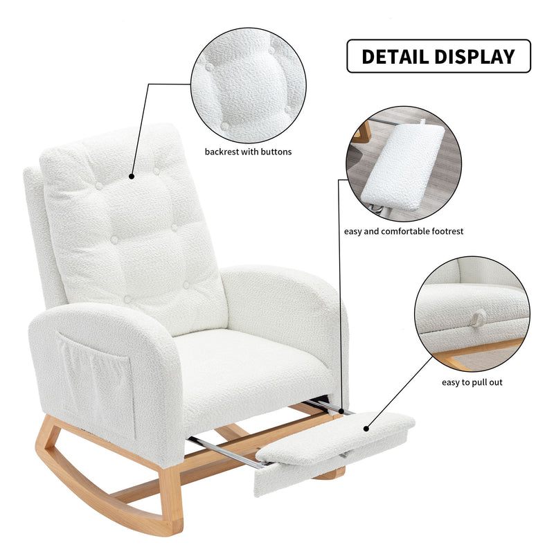 Accent Rocking Chair With Footrest High Back Rubber Wood Rocking Legs Bedroom Living Space - White