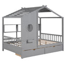 Wooden Full Size House Bed with 2 Drawers,Kids Bed with Storage Shelf, Gray