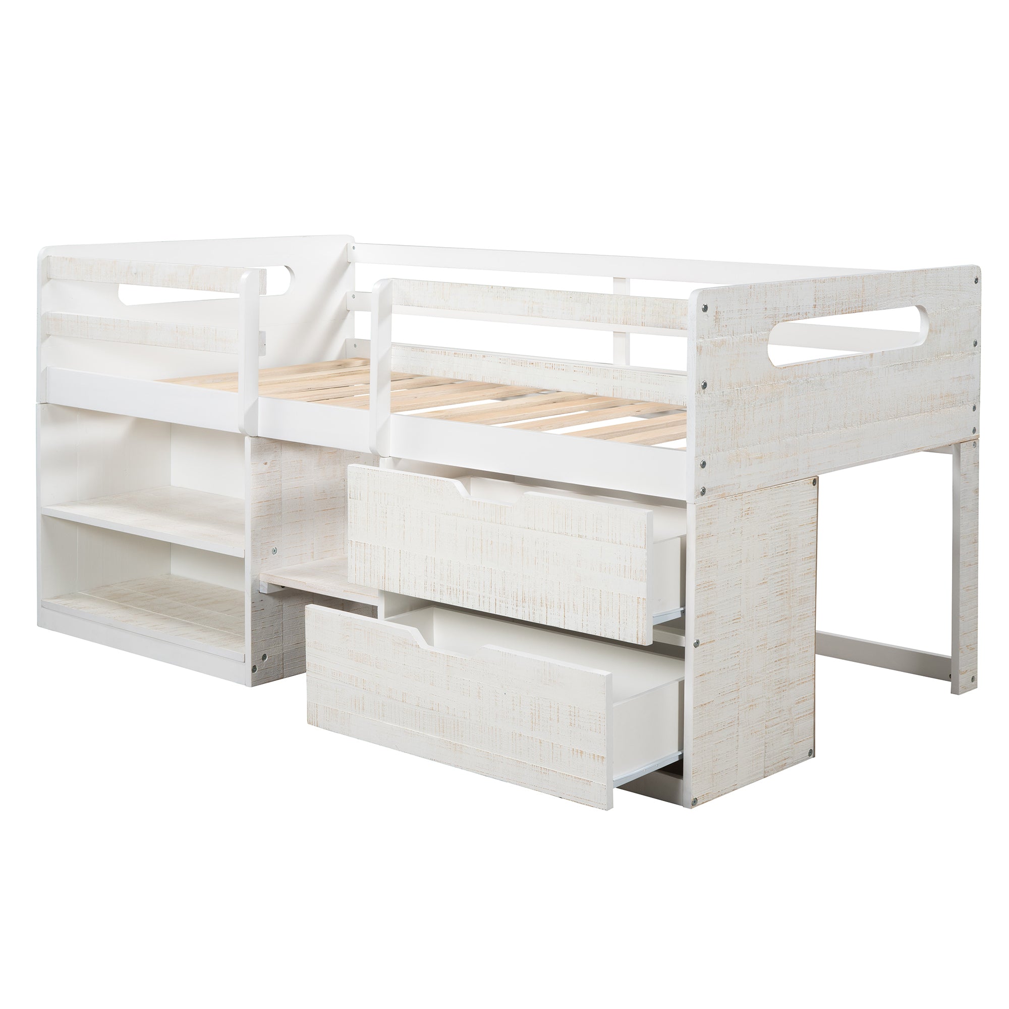 Twin size Loft Bed with Two Shelves and Two drawers (Antique White) - Atlantic Fine Furniture Melbourne FL