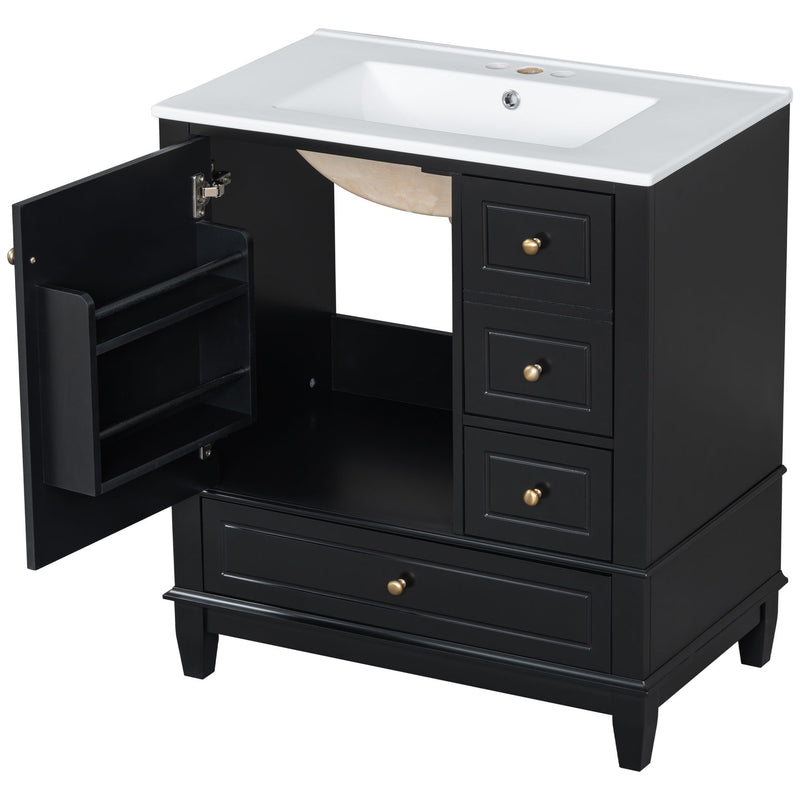 30" Bathroom Vanity With Sink, 1 Door With Shelf And 3 Drawers, Soft Close Door - Black