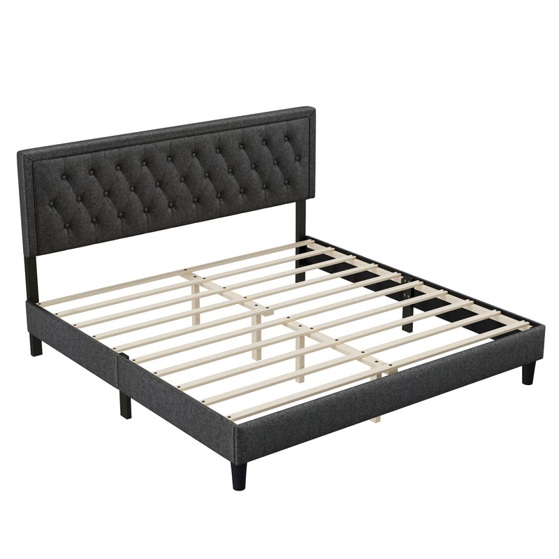 King size Panel Bed Frame with Adjustable Button-Tufted Headboard for Bedroom/Linen Upholstered/Wood Slat Support/Easy Assembly,Dark Grey