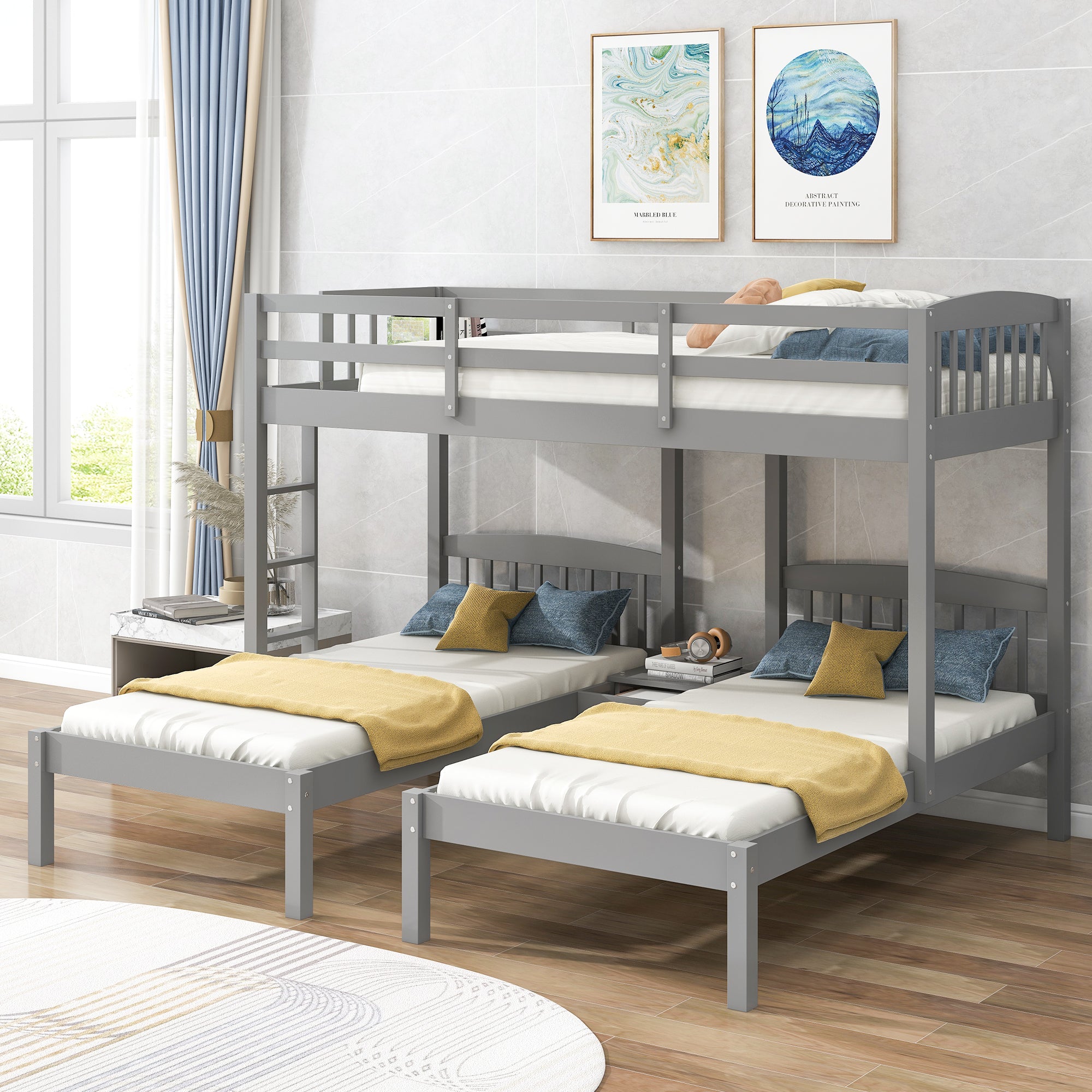 Twin over Twin & Twin Bunk Bed with Built-in Middle Drawer, Gray - Atlantic Fine Furniture Melbourne FL