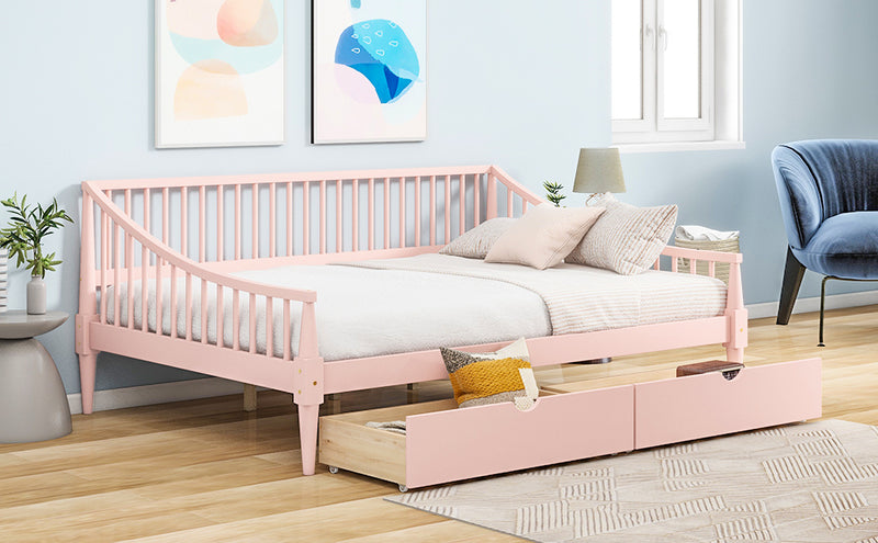 Full Size Daybed with Two Storage Drawers and Support Legs, Pink