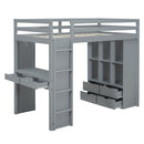 Full Size Loft Bed with large shelves, writing desk and LED Light, Gray