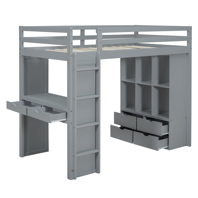 Full Size Loft Bed with large shelves, writing desk and LED Light, Gray