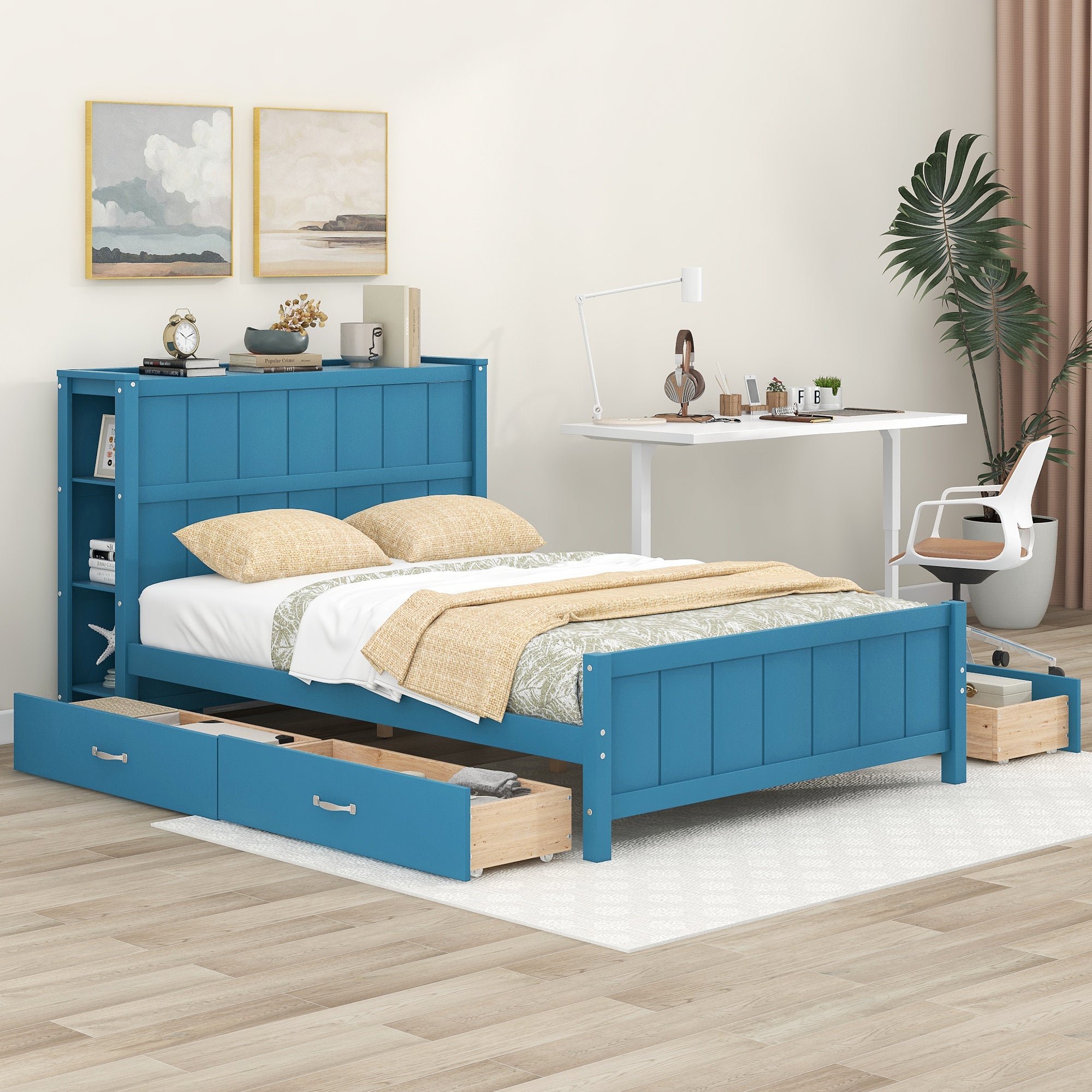 Full Size Platform Bed with Drawers and Storage Shelves, Blue - Atlantic Fine Furniture Melbourne FL