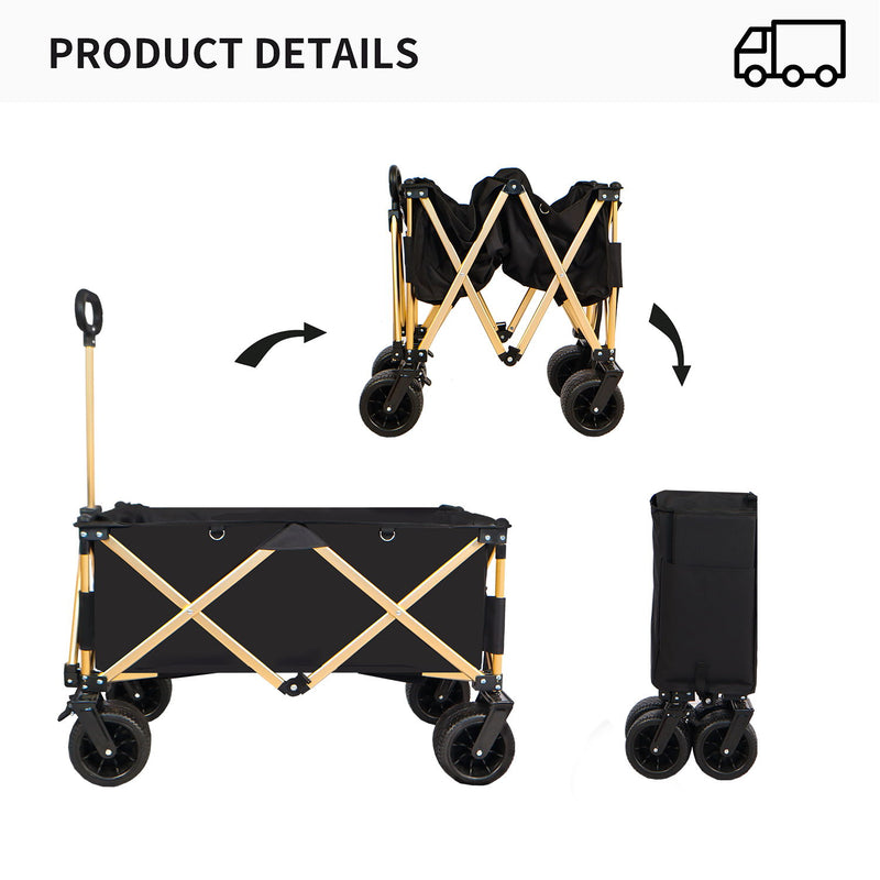 Aluminum Alloy Folding Wagon, Heavy Duty Utility Beach Wagon Cart For Sand With Big Wheels, Adjustable Handle & Drink Holders For Shopping, Camping, Garden And Outdoor