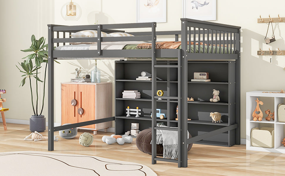 Full Size Loft Bed with 8 Open Storage Shelves and Built-in Ladder, Gray - Atlantic Fine Furniture Melbourne FL
