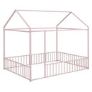 Full Size Metal Bed House Bed Frame with Fence, for Kids, Teens, Girls, Boys,Pink