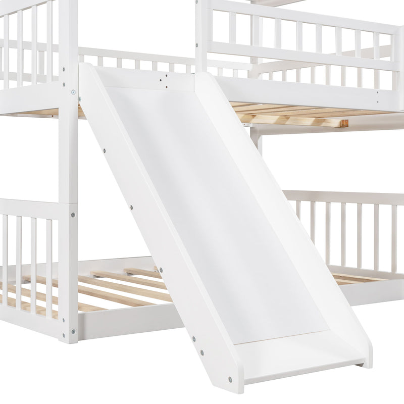 Full Over Full Over Full Triple Bed With Built-In Ladder And Slide, Triple Bunk Bed With Guardrails - White