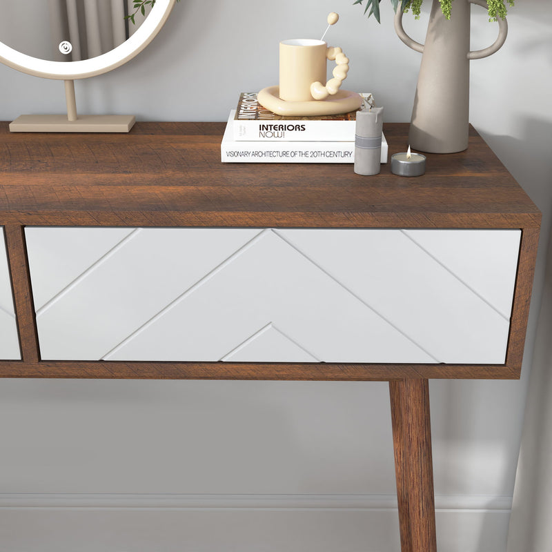 Rustic Entryway Console Table With Carved Panel Drawers And Wood Legs - Natural