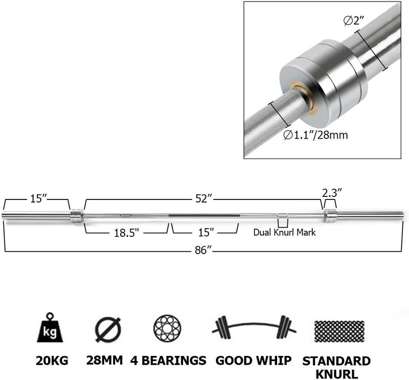 Barbell Bar For 2" Olympic Plates, Home Gym Weightlifting Bar 4Ft Solid Chrome Weight Bar 5Ft Fitness Training Curl Barbell 7.2Ft - Silver