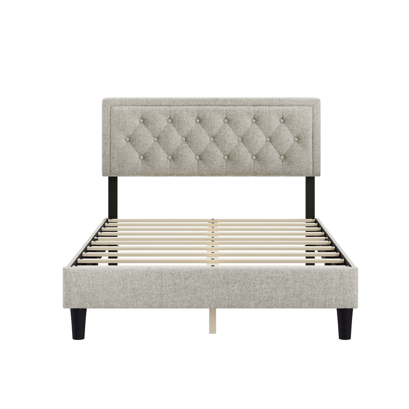 Queen size Panel Bed Frame with Adjustable Button-Tufted Headboard for Bedroom/Linen Upholstered/Wood Slat Support/Easy Assembly,Linen Beige