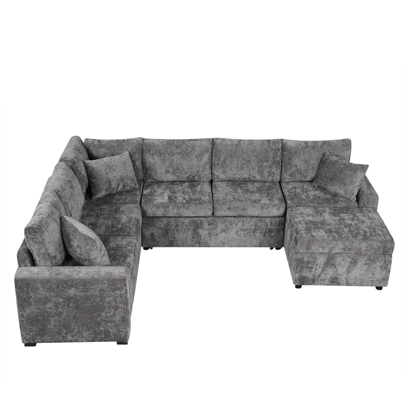 Sectional Sofa Pull-Out Sofa Bed Sleeper With A Storage Ottoman, Three Pillows And Charging Devices For Living Room