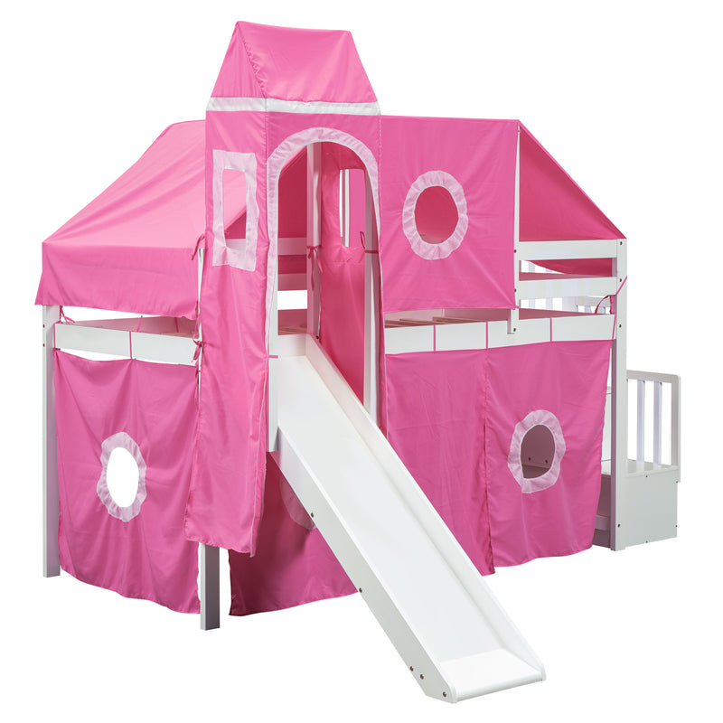 Twin Size Loft Bed with Tent and Tower - Pink