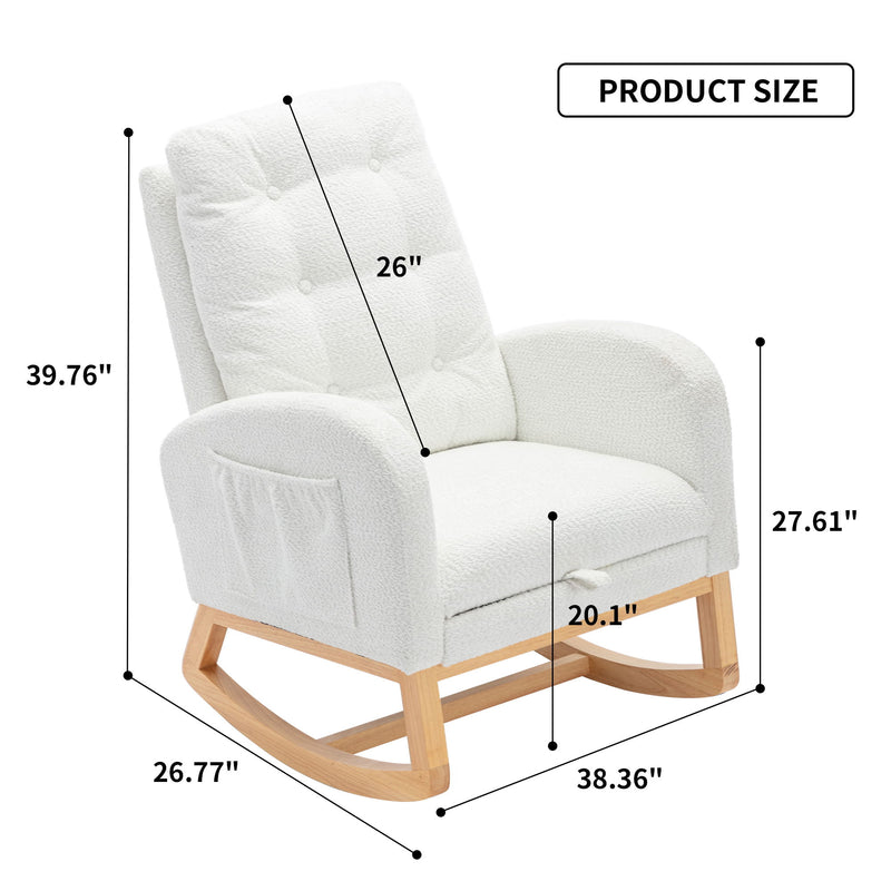 Accent Rocking Chair With Footrest High Back Rubber Wood Rocking Legs Bedroom Living Space - White