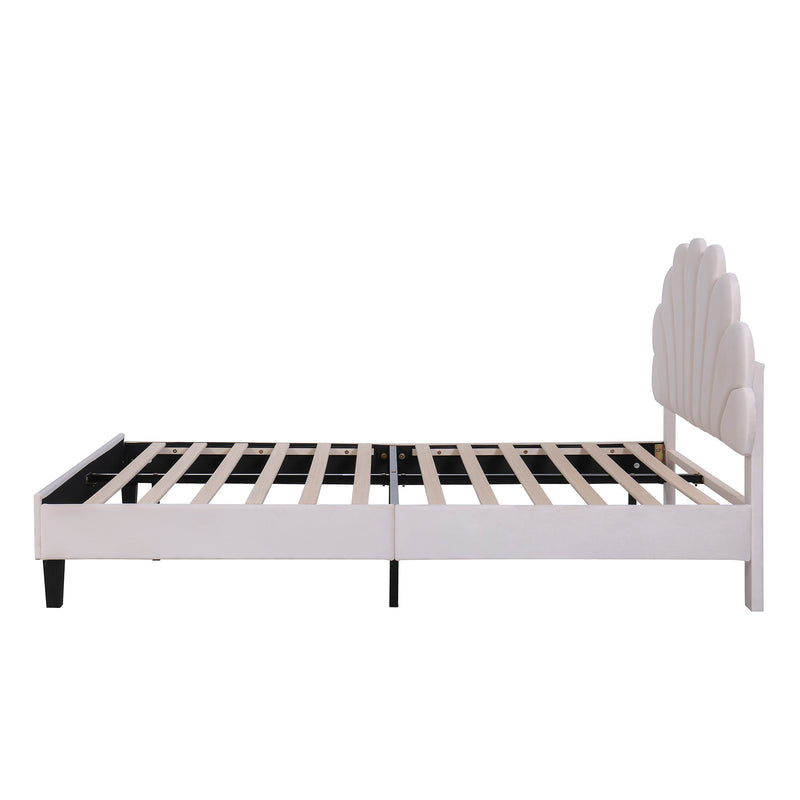 Upholstered Platform Bed With Flower Pattern Velvet Headboard