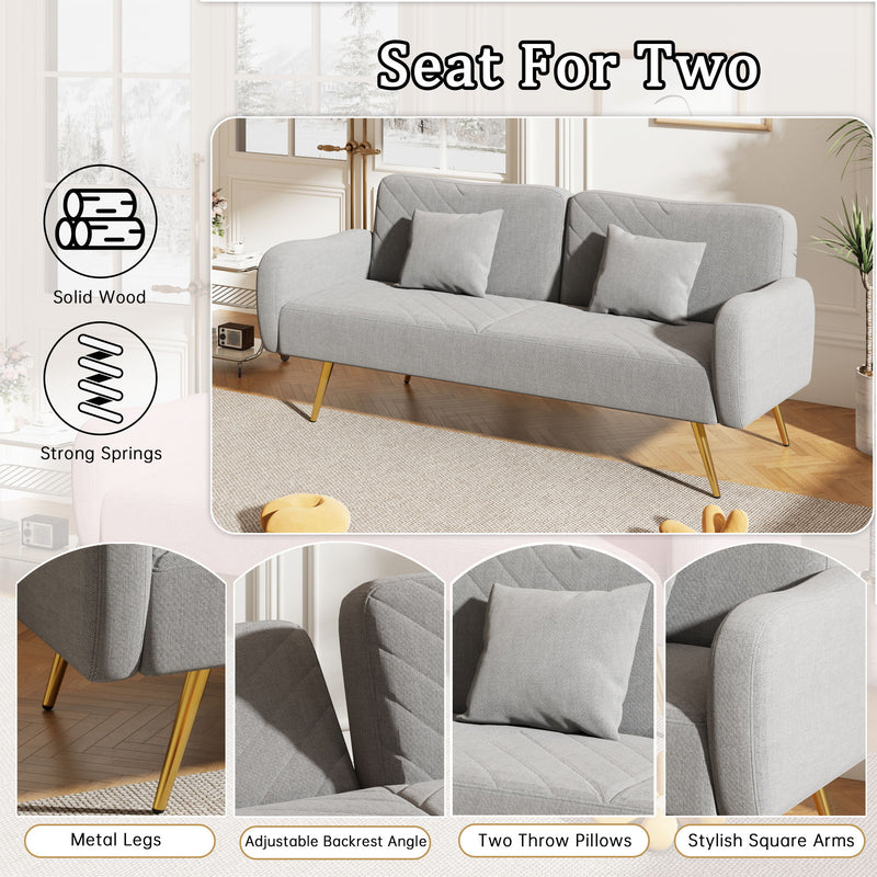 Double Sofa With Split Backrest And Two Throw Pillows, Suitable For Living Room, Apartment, Home Office