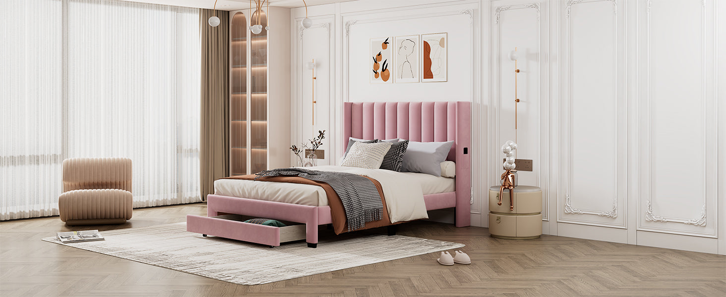 Queen Size Storage Bed Velvet Upholstered Platform Bed with a Big Drawer - Pink - Atlantic Fine Furniture Melbourne FL