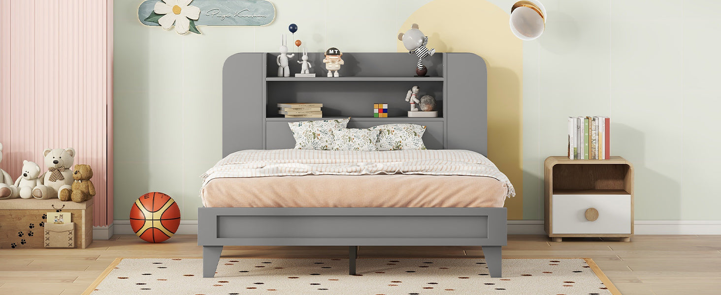 Full Size Platform Bed with Storage Headboard,Multiple Storage Shelves on Both Sides,Grey - Atlantic Fine Furniture Melbourne FL